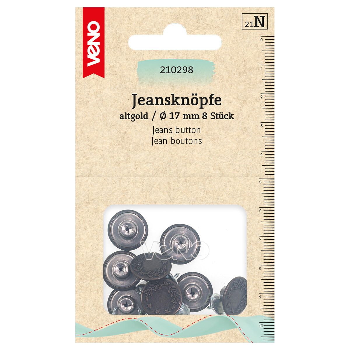 Jeansknöpfe 17 mm in Altgold von VENO – Ansicht eines 8er-Packs auf weißem Hintergrund